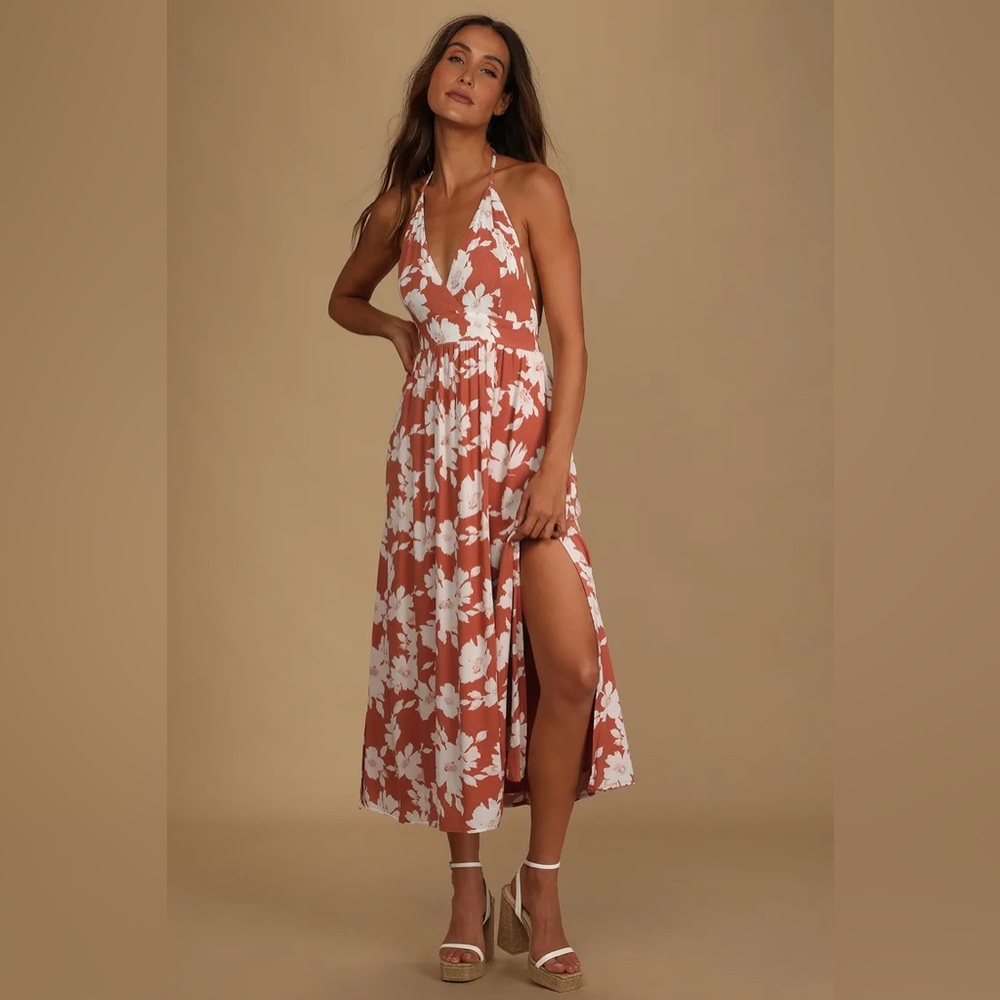 Follow the Summer Orange Floral Print Halter Midi Dress